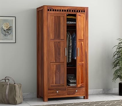 KUSUM HANDICRAFTS Wooden Wardrobe for Clothes | Sheesham Wood 2-Door Wardrobe with 2 Drawer Storage | Solid Wood Large Cupboard Almirah: Storage Cabinet for your living room (Design 19, Large)