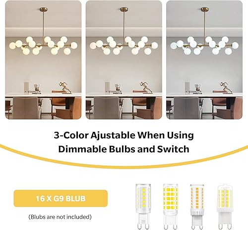 Miniatura 3 de APBEAMLighting Candelabro de comedor dorado sobre la mesa, candelabro rectangular moderno de mediados de siglo, pantalla de globo de vidrio blanco