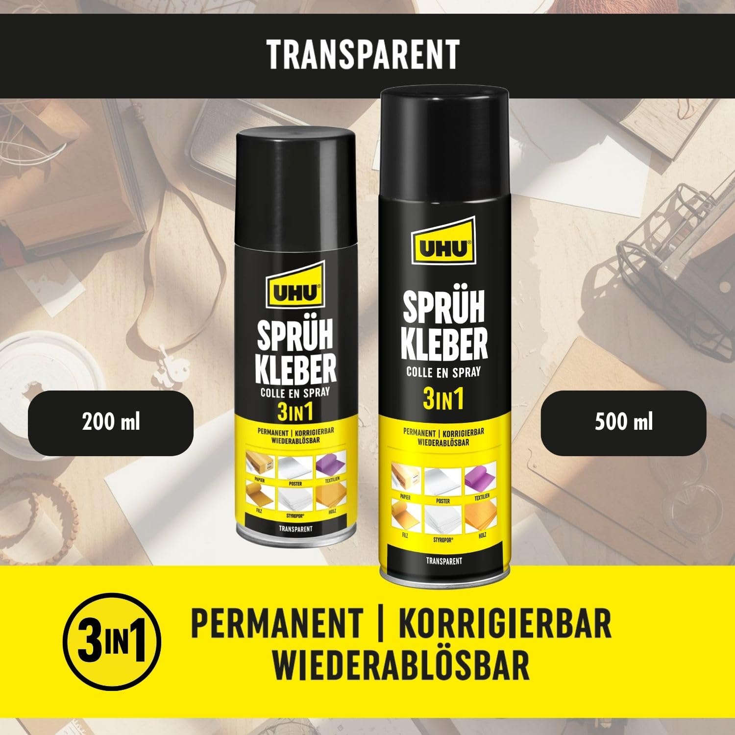 UHU Klej w sprayu 3 w 1, puszka ze sprayem 500 ml