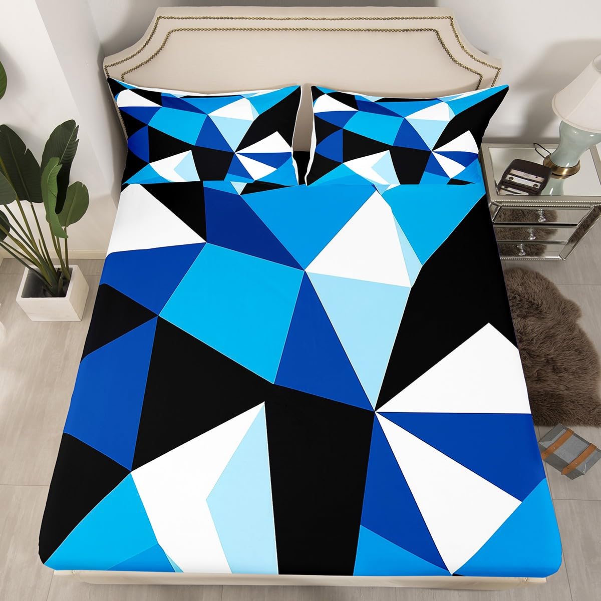 Geometric Fitted Sheet Full 3 Pcs,Blue Black White Bedding Set for Kids Boys Teens Men Room Decor,Abstract Irregular Art Bed Sheet (No Top Sheet), Deep Pocket Sheett,2 Pillowcases