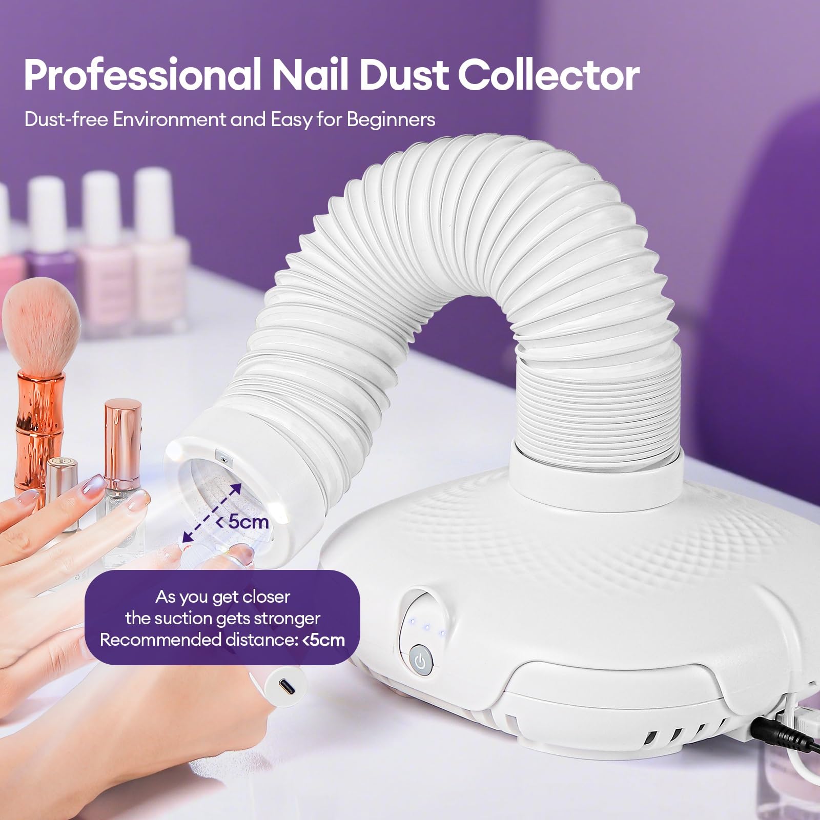 Collettore di polveri per unghie, professionale, con luce LED e tubo flessibile a 360°, potente aspirazione (650PA), 3 velocità regolabili, ultra silenzioso (45-60 dB) per manicure, pedicure