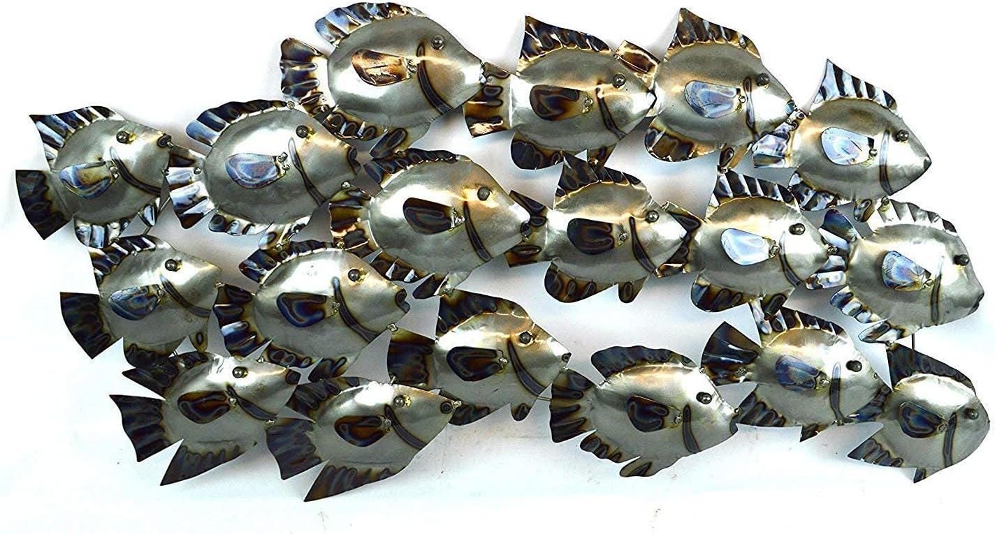 School of silver fish Metal Steel wall art 70 cm long, 30 cm wide