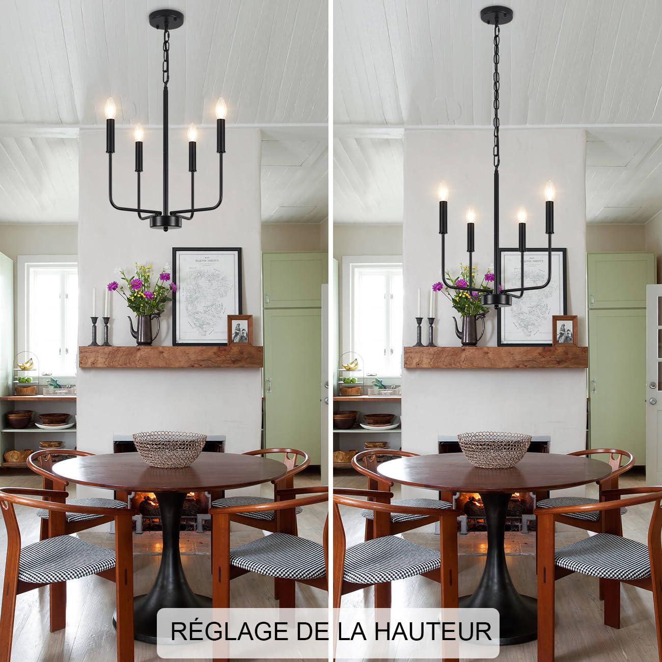Lustres Noir, 4 Lumières Lustre Suspension Luminaire Vintage Lustre Moderne Salon Chambre Cuisine Salle à Manger Couloir Entree, Réglage De La Hauteur, Ampoules E14 (Non Incluses)