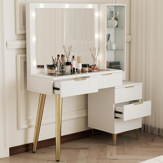 Vanity Desk Makeup Fluted Desk with Mirror, Vanity Mirror with Lights Glass Top Makeup Table with 5 Drawers Power Outlet Storage Cabinet 3 Color Light White (White)