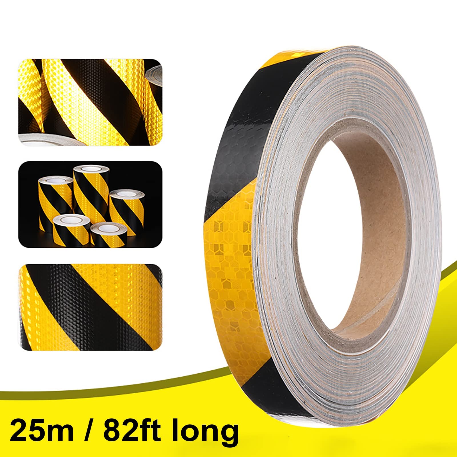 Cintas de aviso de seguridad 25m de Largo Banda Reflectora de Visibilidad, Negro y Amarillo Adhesivo de Advertencia para Señal de Ruta / Barricada / Remolques / Precaución de Peligro, Fácil de Pegar y