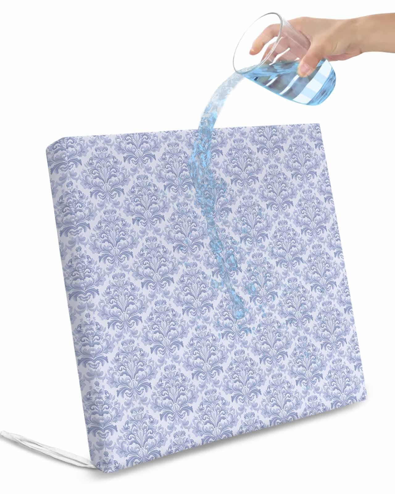 2 Pack Blue Baroque Waterproof Cushion Covers with Ties, Outdoor Patio Chaise Lounge Chair Seat Cushion Slip Covers Replacement(Only Cover) Luxury Middle Century Scroll Flowers 20