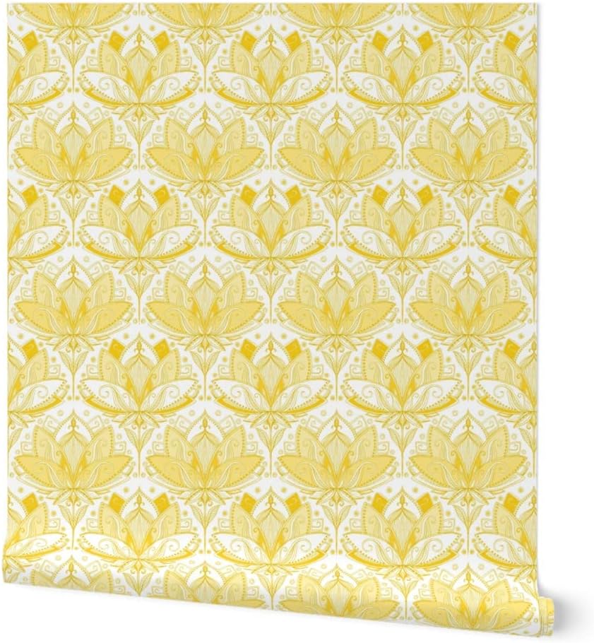 Removable Wallpaper 6ft x 2ft - Warm Golden Yellow Art Nouveau Lotus Lace White Deco Doodle Monochrome Mustard Custom Pre-Pasted Wallpaper by Spoonflower