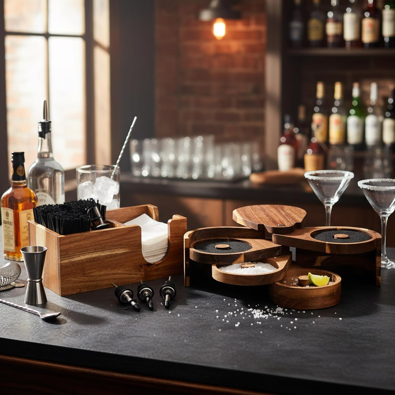 Mifoci Acacia Wood 5 Tier Bar Glass Rimmer Bartender Tool with 12 Pcs Stainless Steel Classic Bottle Pourers, Bar Caddy with 6 Compartment, 1000 Pcs Coffee Cocktail Stirrers, 200 Napkins