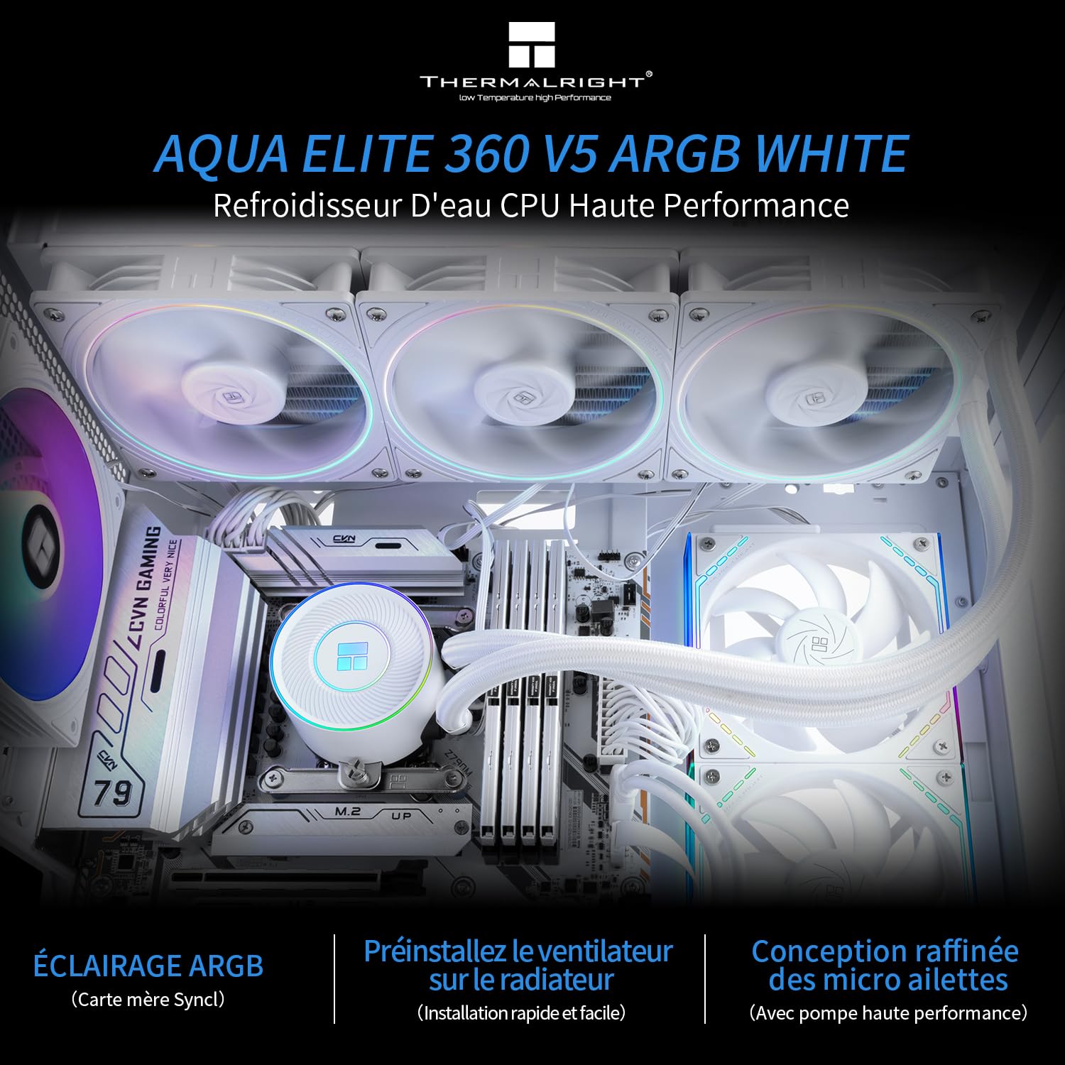 Thermalright Aqua Elite 360 V5 ARGB - Raffreddatore liquido CPU 360 mm, 3 ventole TL-S12-W PWM, per AM4/AM5, Intel LGA115X/1200/1700/1851 AIO