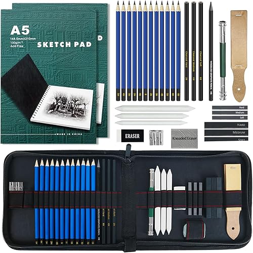 LUCYCAZ Juego de dibujo, kit de boceto, 55 piezas de suministros de arte para adultos con lápices de dibujo, grafito y carbón, suministros de dibujo