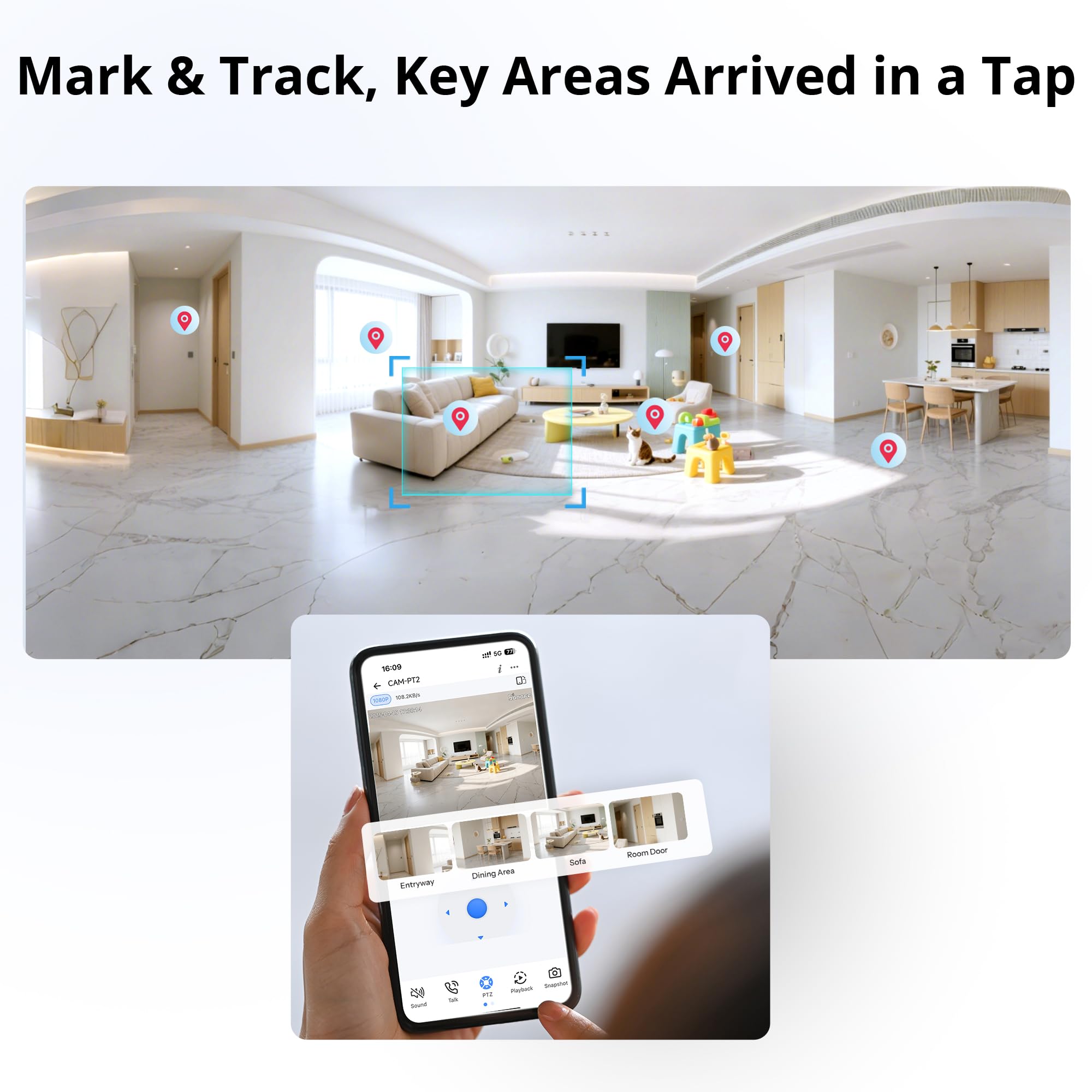 SONOFF Indoor Cam PT2, Telecamera Sicurezza WiFi Pan-Tilt 1080P, Visione 360°, Rilevamento Movimento/AI, Audio Bidirezionale, Notturna, Privacy, Cloud/SD, Compatibile Alexa e Google