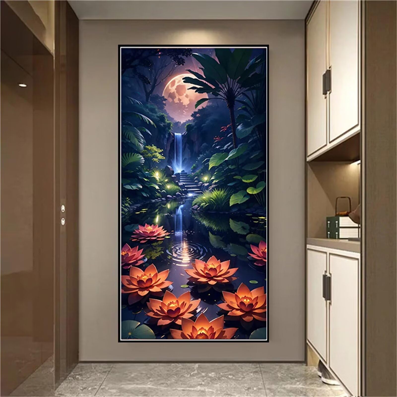 QENSPE 5D Bricolage Diamond Painting Paysage, Kit Peinture Diamant Adulte, Lotus Diamond Painting Broderie Kit Complet, Cascade Diamond Art Point de Croix Maison Murale Decor 30x40 cm