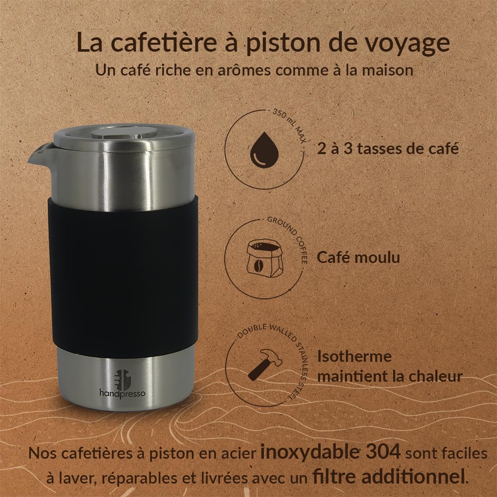 Handpresso Travel Press, cafetiere a piston compacte (INOX) double paroi isolante, 0,35 l (3 Tasses), Kit mini cafetière portable de voyage avec étui de transport, boite pour café moulu