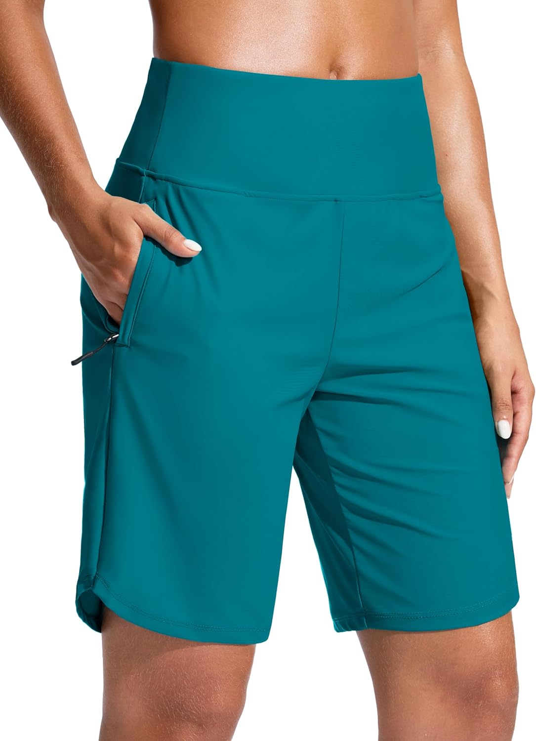 G Gradual Women's 9" Long Swim Board Shorts with Zipper Pockets High Waisted Knee Length Beach Swimming Shorts with Liner