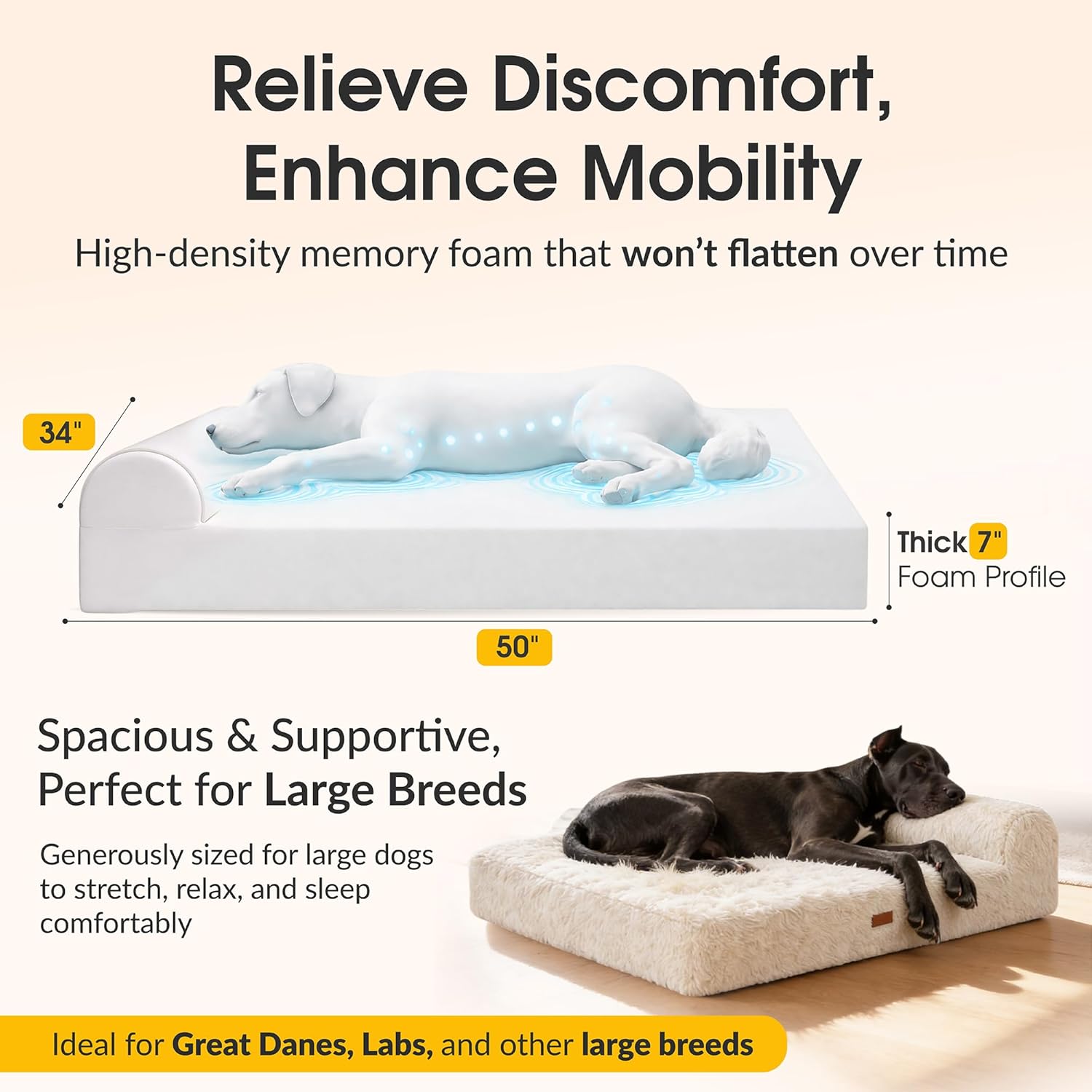 KOPEKS Orthopedic Memory Foam Dog Bed 7" Inch Thick Extra Large Dog Bed with Pillow Fluffy Brown 50"x34"x10" Includes Waterproof Liner & Durable Removable Cover with Smart Design