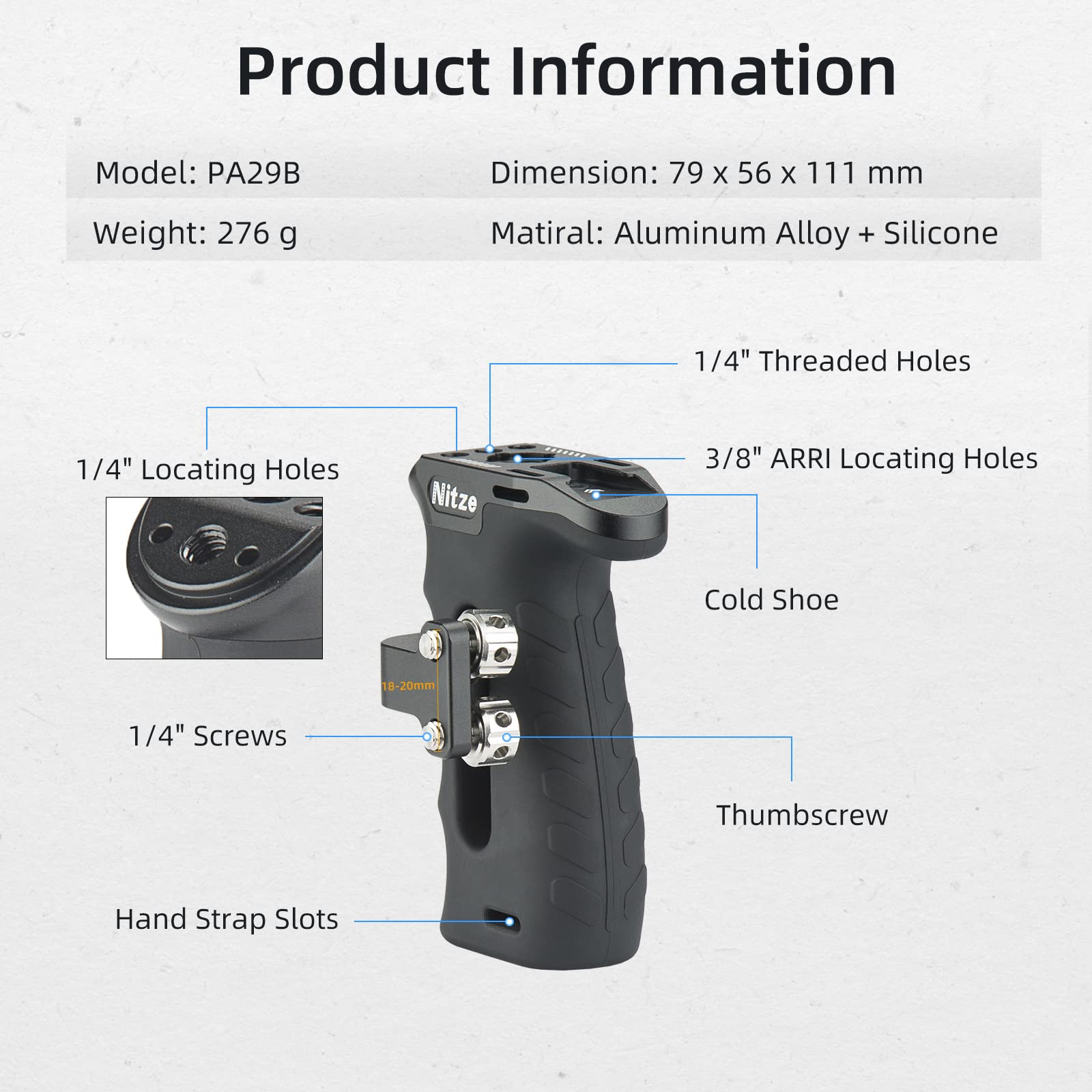 Nitze Impugnatura laterale con viti da 1/4", Ergonomica Maniglia Laterale per mano sinistra o destra, Mini Side Handle Regolabile su e giù per Camera Cage-PA29B