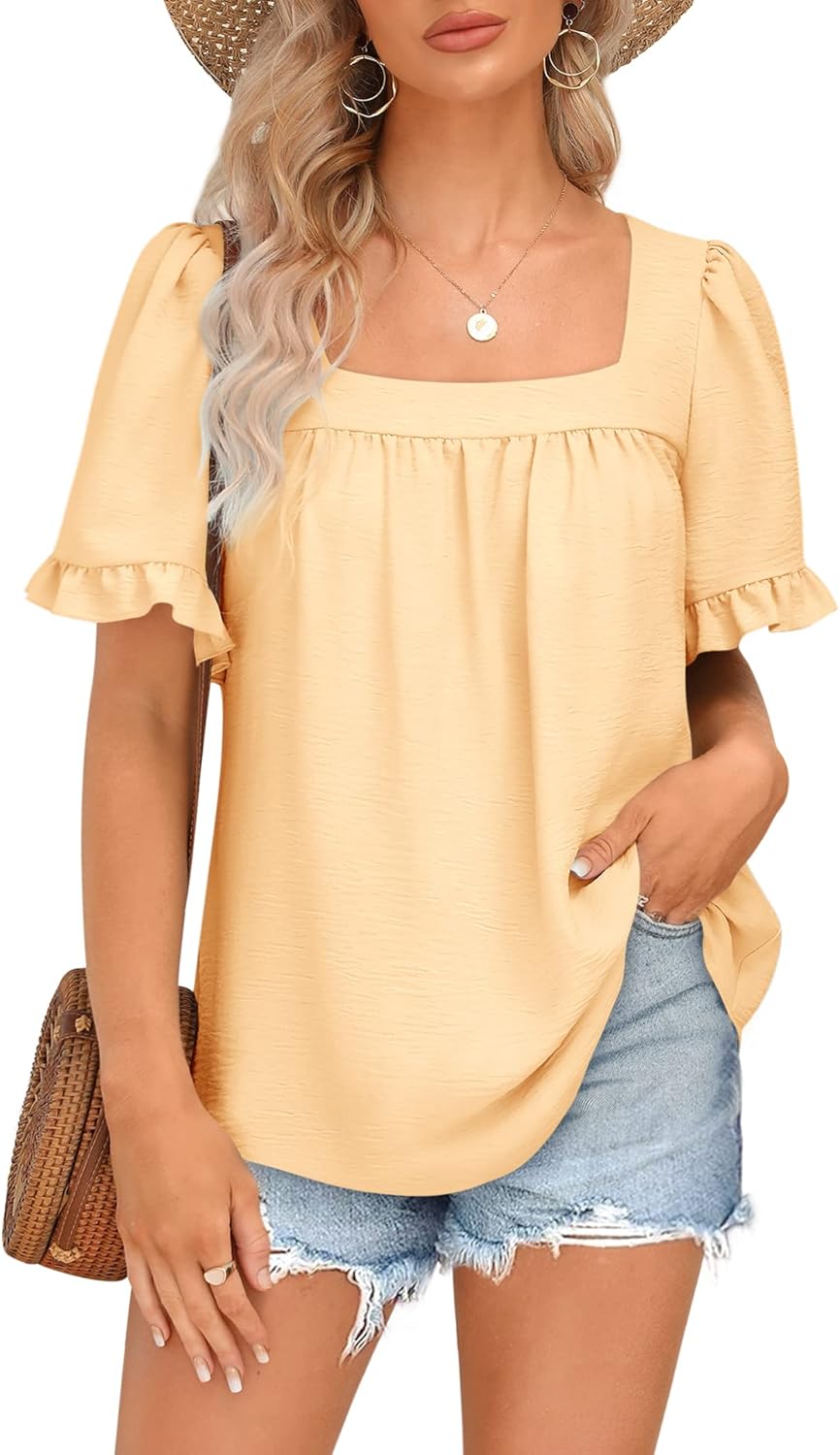 BZB Womens Summer Peplum Tops Sqaure Neck Ruffle Sleeve Blouses Fit Flowy Shirts S-2XL - Image 2