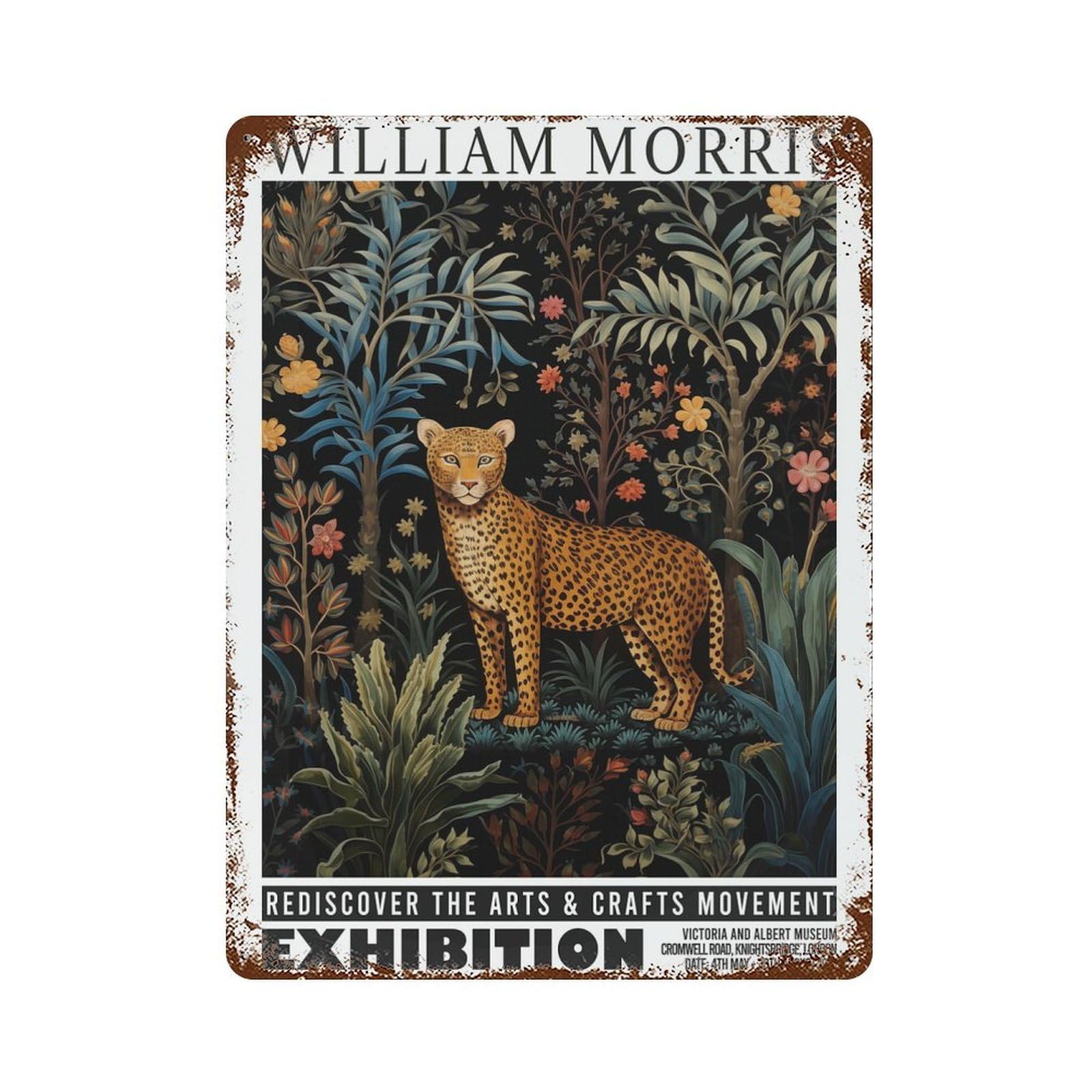 Morris Floral Cheetah Exhibition 15.7"x11.8" Vintage Rust Metal Sign, Decorative Metal Wall Art for Bistro, Counter And Cafe Decor