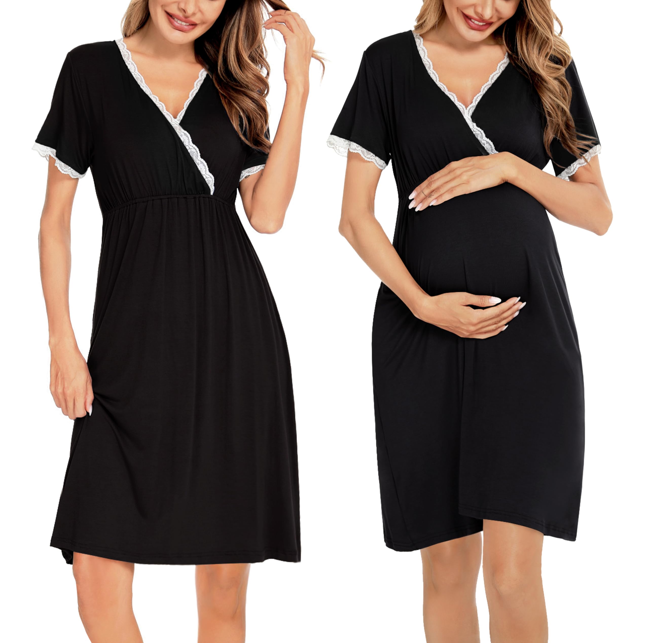 SWOMOG Women 3 in 1 Delivery/Labor/Nursing Nightgown Short Sleeve Pleated Maternity Sleepwear for Breastfeeding