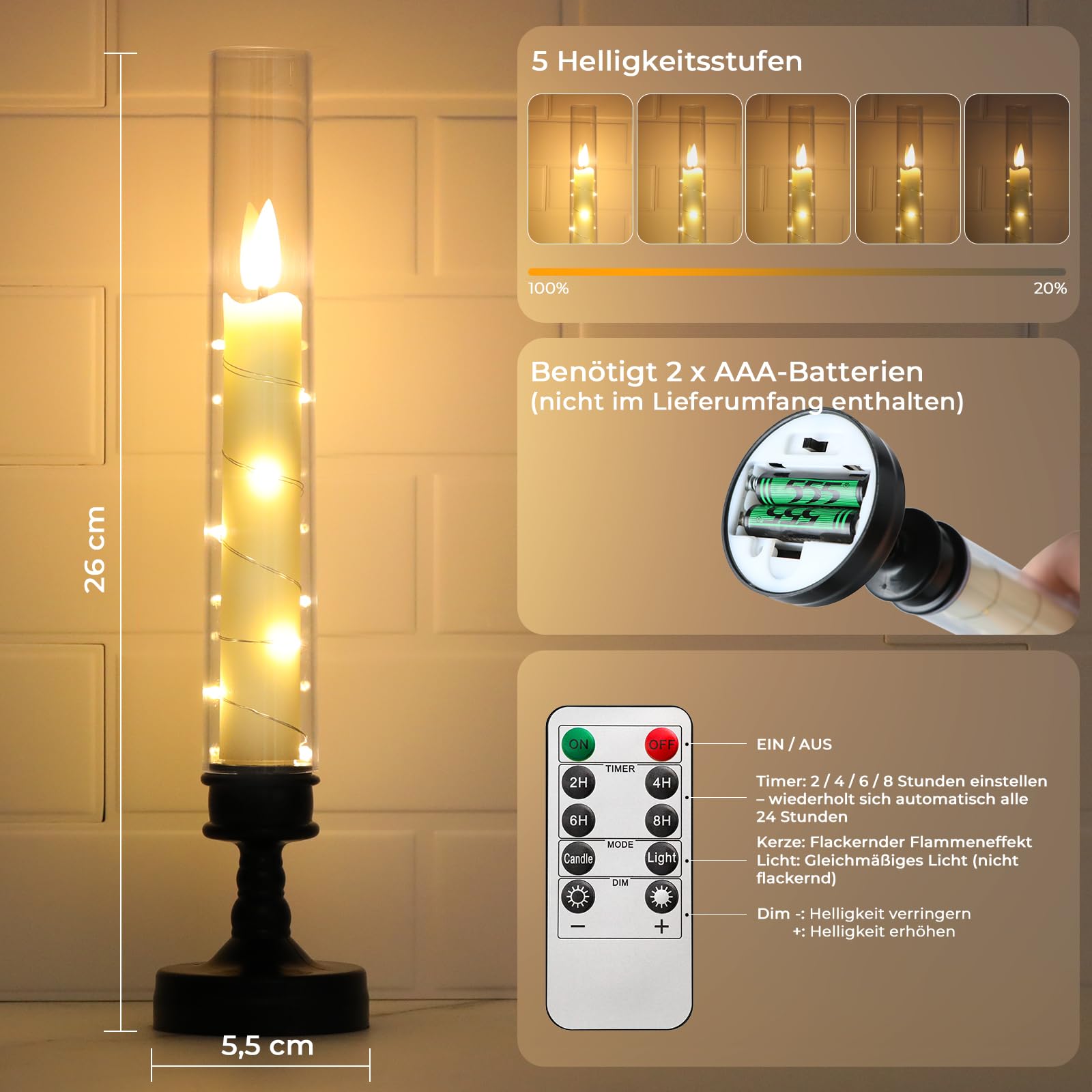 Premium LED-Kerzen Mit Lichterkette – 5 Größen, 3D-Flamme, Fernbedienung (Timer & 5 Helligkeitsstufen), Acryl, Batteriebetrieben (AA) In Grau