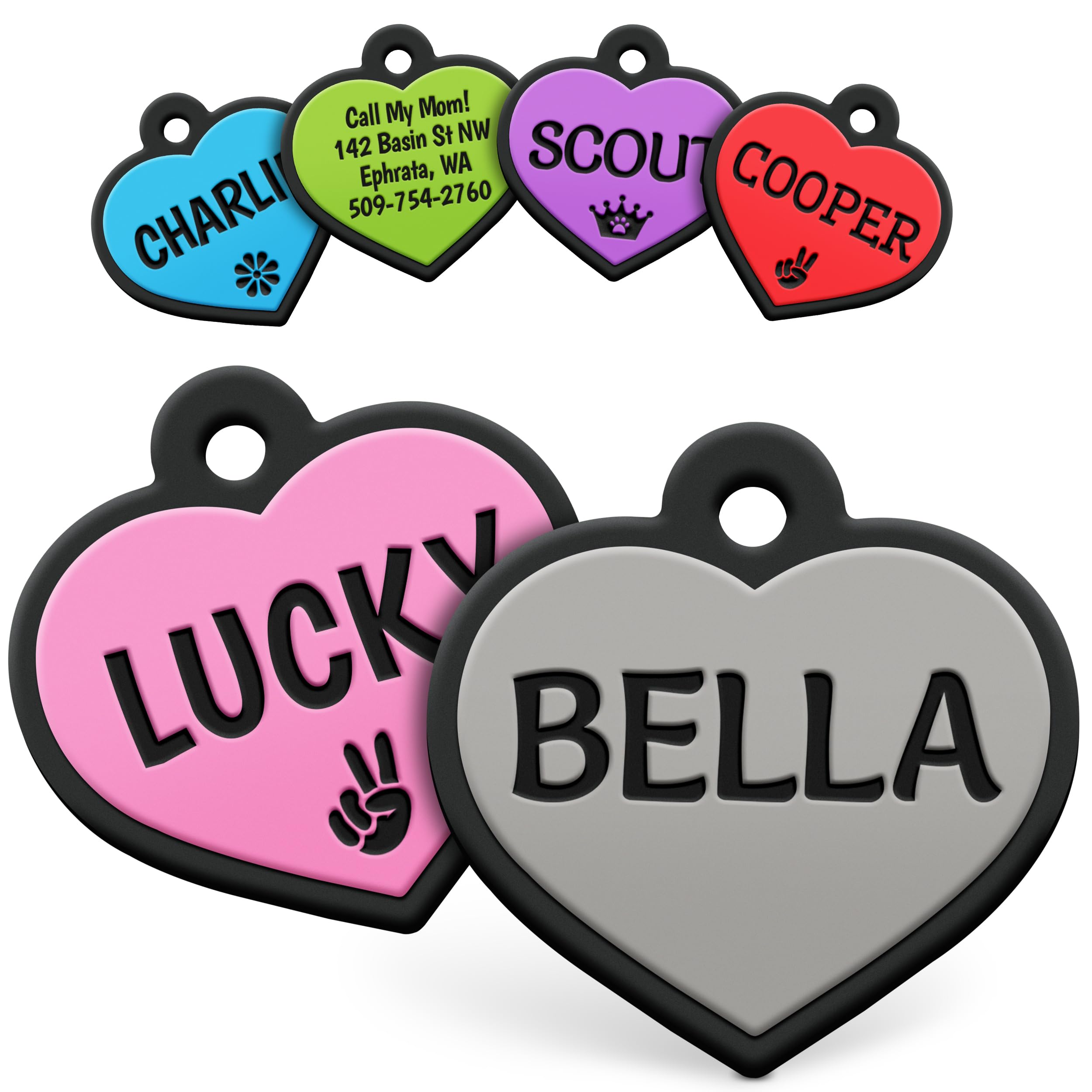 GoTags Silicone Dog Tags, Soundless Pet Tag, Personalized Silent Tag Engraved for Pets with Cute Custom Designs, for Dogs and Cats, (Heart, Gray)