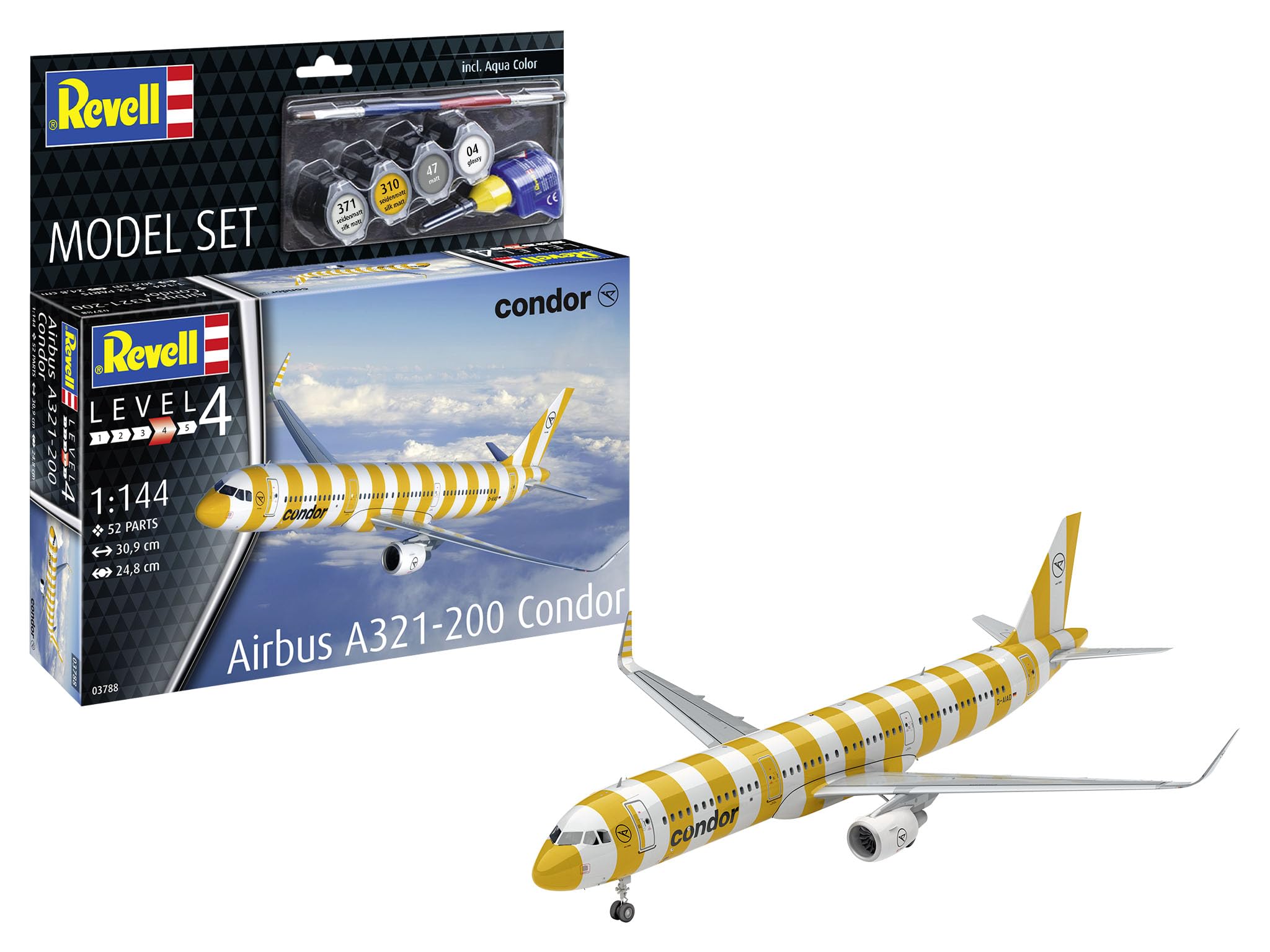 Revell Multicoloured Airbus A321-200 Condor Kit Maquette En Plastique Non Construit/Non Peint À L'échelle 1/144 Avec Accessoires