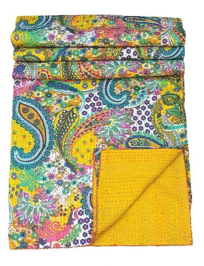 Handmade Bedspread Kantha Quilt King Size Bohemian Bedspread Kantha Quilt Single (90 X 108 Inches (Queen Size), Yellow)-image-16
