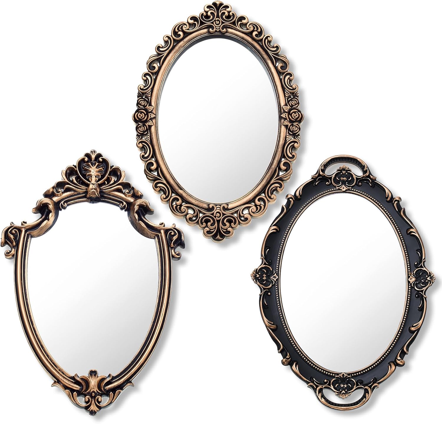 Beeveer 3 Styles Vintage Antique Gold Mirrors Set - Oval Wall Mirror, Hanging Decor, Jewelry Organizer Tray for Bathroom Bedroom Victorian Style