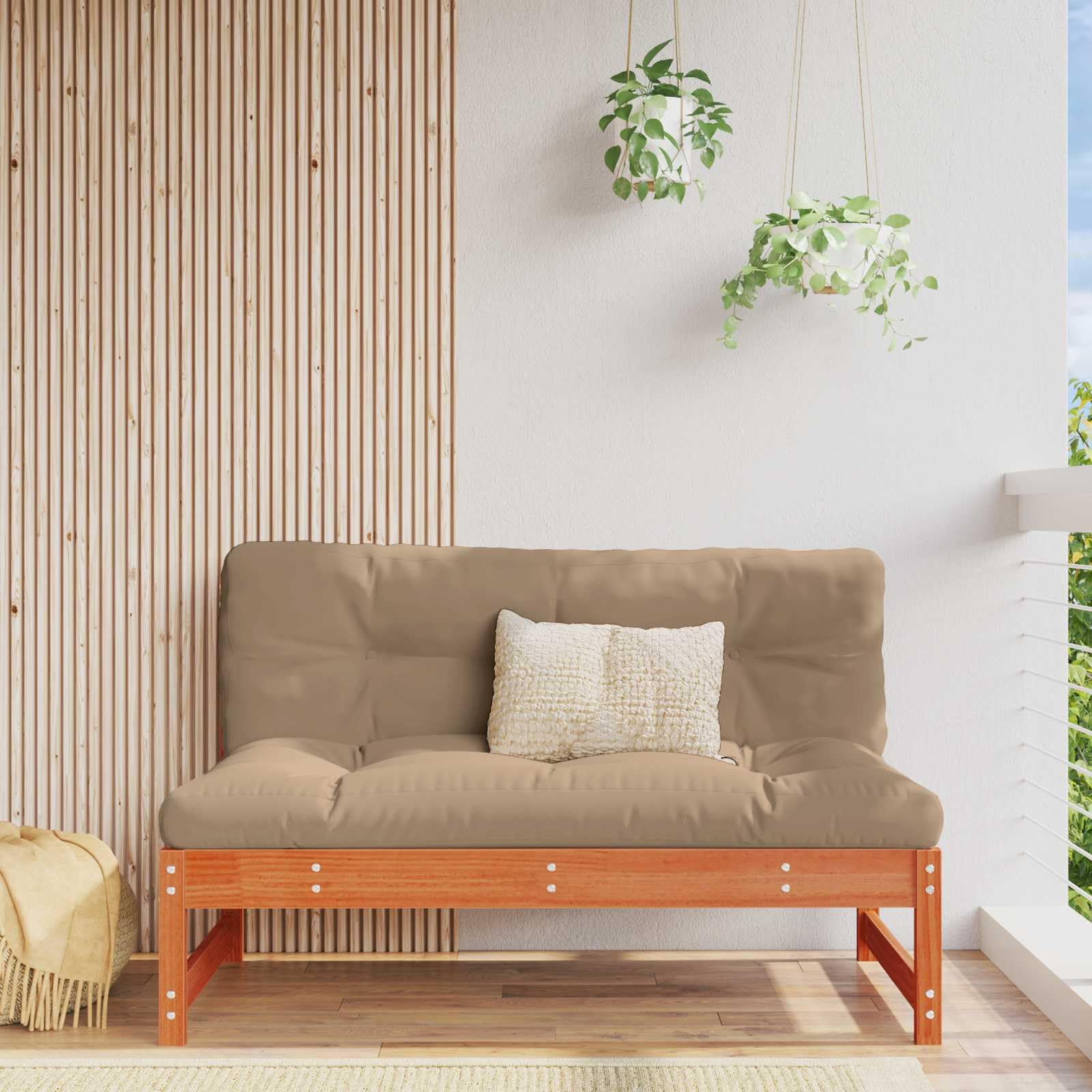 Sofá central de jardín de madera de pino maciza, color marrón cera, resistente a la intemperie, sofá para exteriores con diseño modular, 120 x 84 x 70 cm, ampliable, ideal para terraza