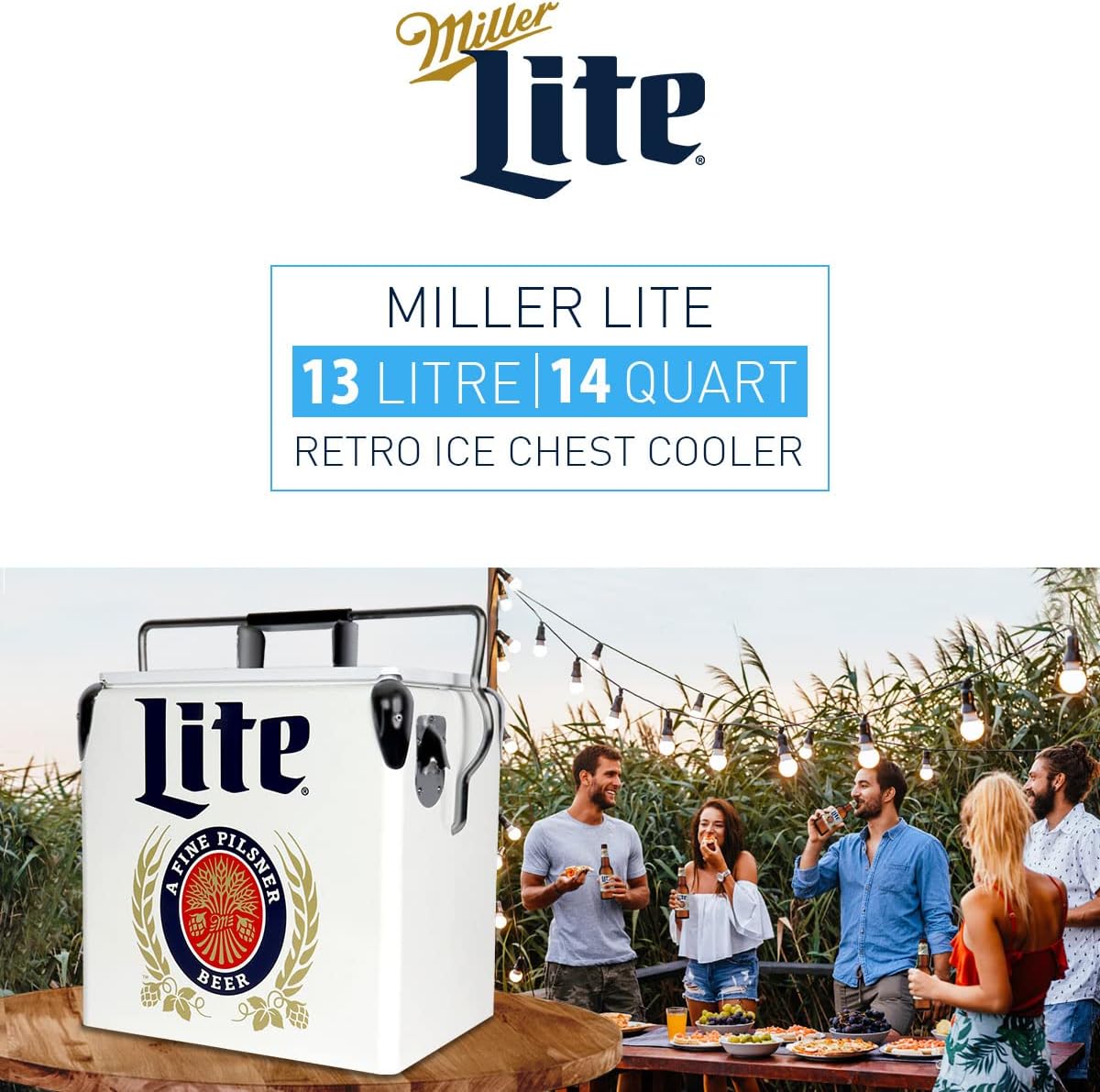 Miller Light Retro Ice Chest Cooler - Portable Ice Bucket with Bottle Opener, Vintage Style, Insulated for Camping, Beach, Picnic, RV, BBQs, Tailgating, Fishing, 18 Can Ice Box, 13L (14 qt)