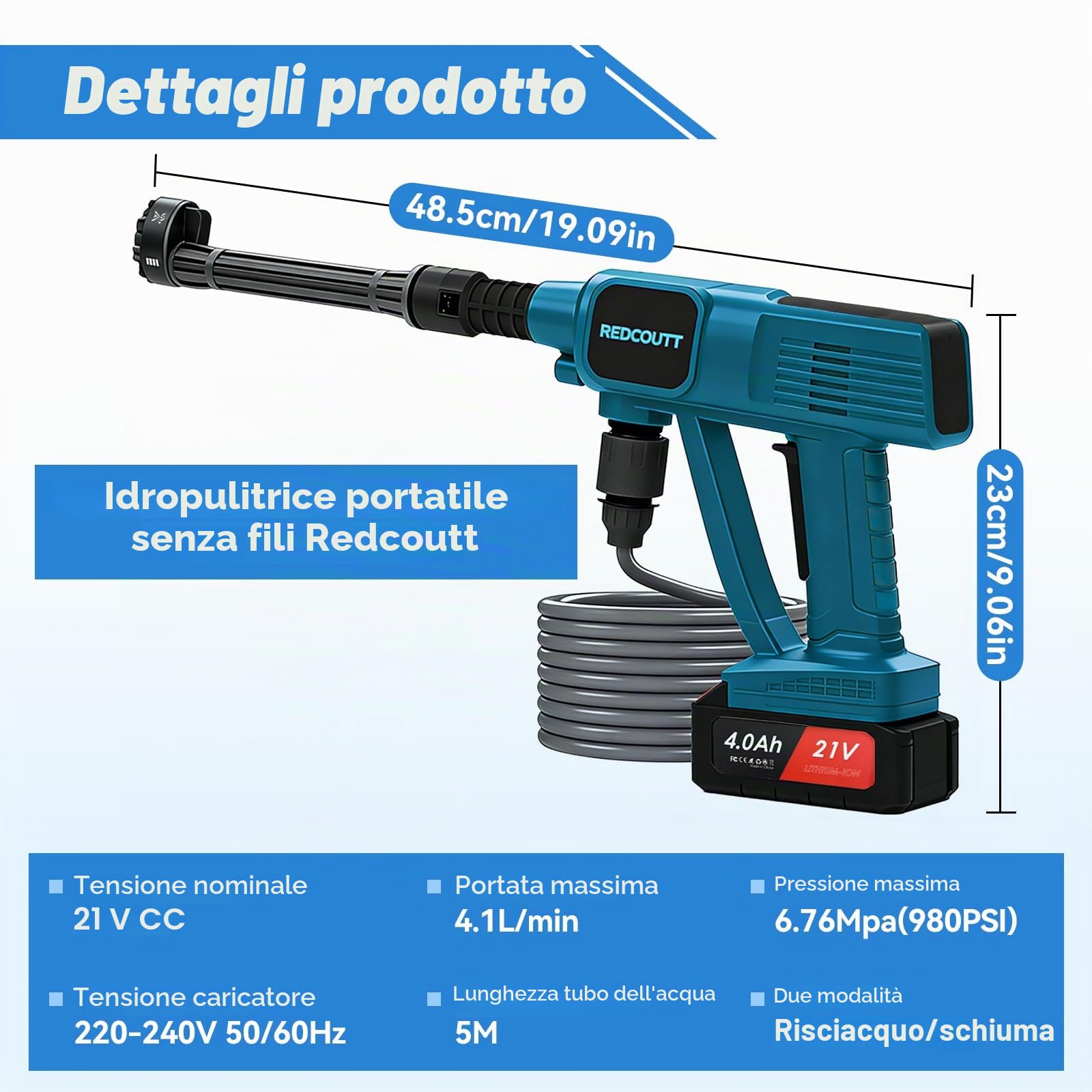 Idropulitrice a Batteria, Pistola Idropulitrice da 21V, Dotata di 2 Batterie da 4000 mAh, Ugello Multifunzione 6 in 1, Tubo da 5M, Batteria per Lavaggio Auto e Giardino