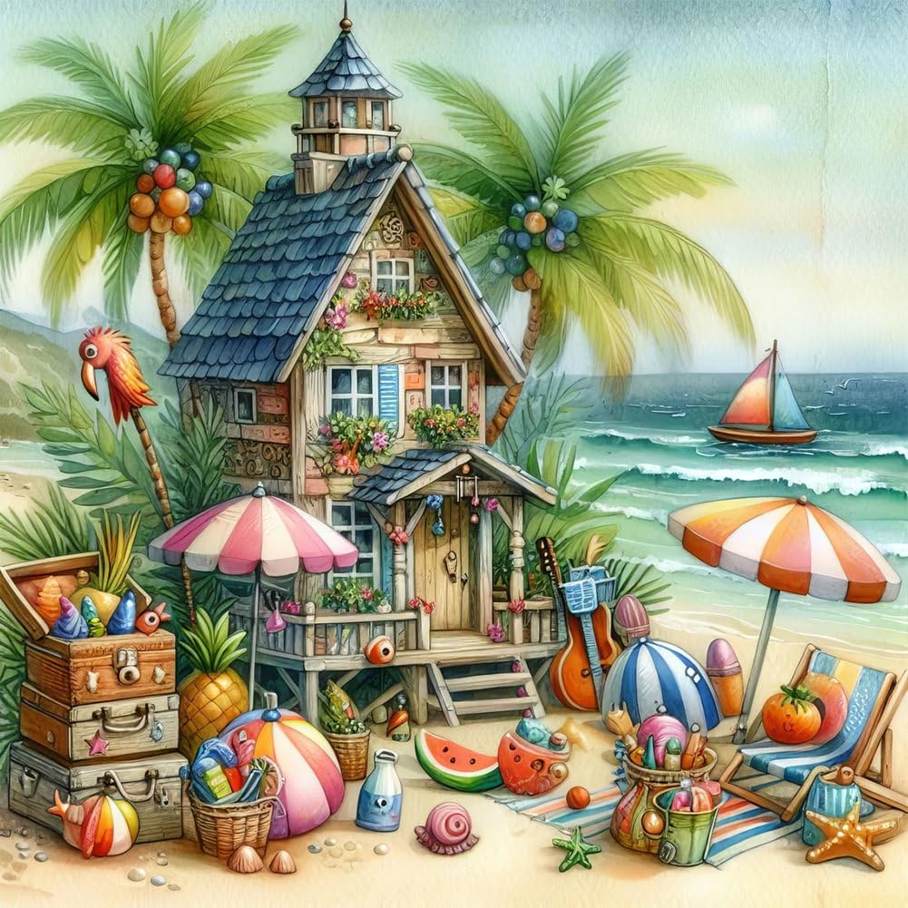 Stalente Diamond Painting Kits for Adults Seaside House, 5D DIY Diamond Art Kits for Beginners Round Full Drill Diamond Painting for Home Wall Decoration Gift 12×12inch, Landscape Scenery