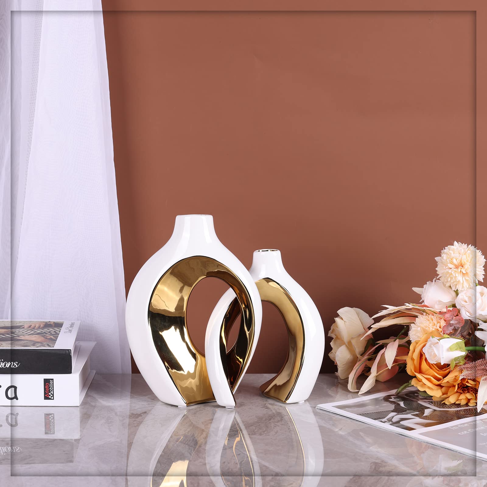 keramische Vase Dekor 2pcs Set, moderne böhmische Dekoration, Weiß und Gold skandinavischen minimalistischen Stil Raumdekoration, geeignet für Tisch Centerpiece, Bücherregal, Home Decor(W+G)