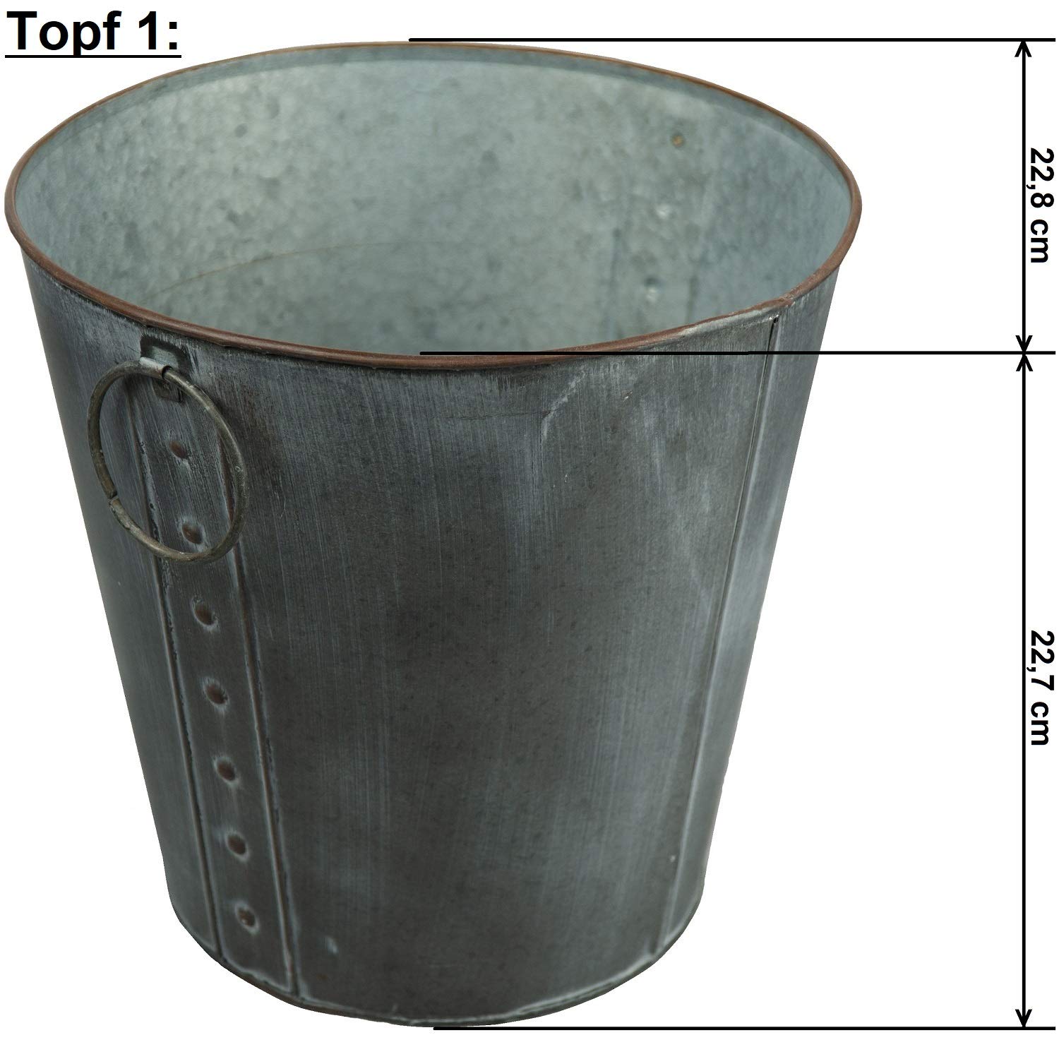 HRB 3er Set Blumentöpfe Vintage Rund – Metall, Verzinkt, Für Innen & Außen, Größen 1,6L / 3,7L / 9,3L