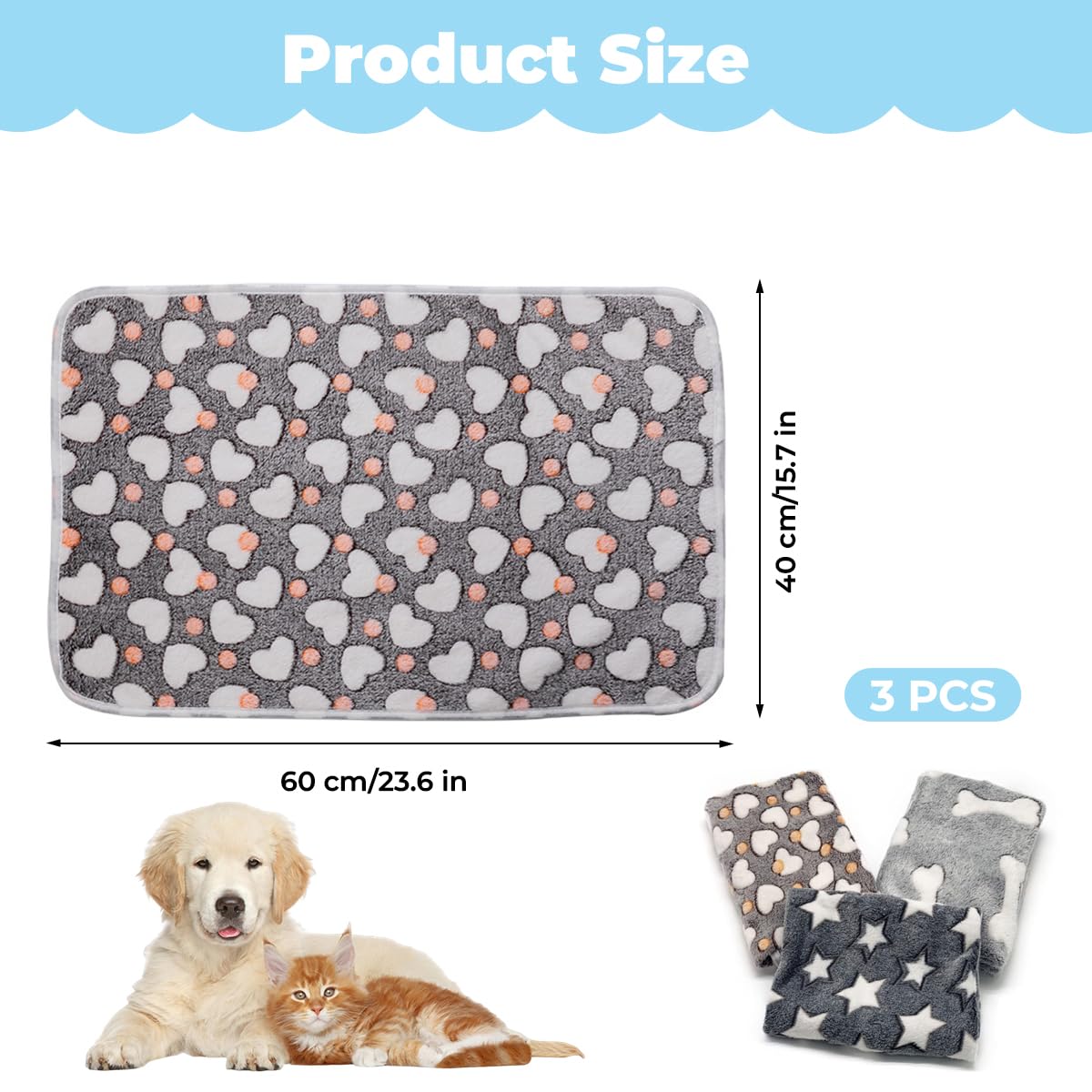 Lot de 3 Couverture pour Chien Chat 40*60 cm, Plaid Polaire pour Chien Chat de Compagnie, couverture Chiens Pelucheuse et Lavable en Flanelle, Petite Couverturee chat pour Chiens, Canapé, Divan, Lit