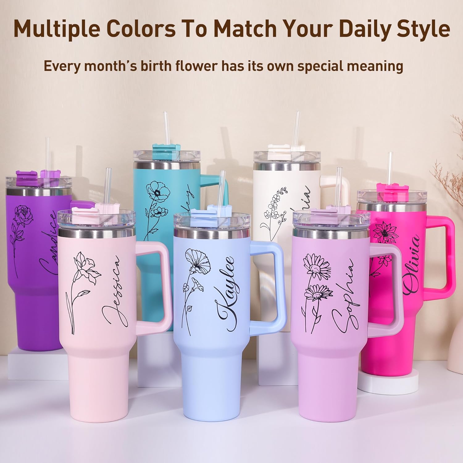 Personalized 40 Oz Tumbler with Handle and Straw, Custom Cup with Name & Birth Flower, Stainless Steel Travel Coffee Tumbler,Personalized Christmas Birthday Gifts for Women, Teen Girls - Image 2