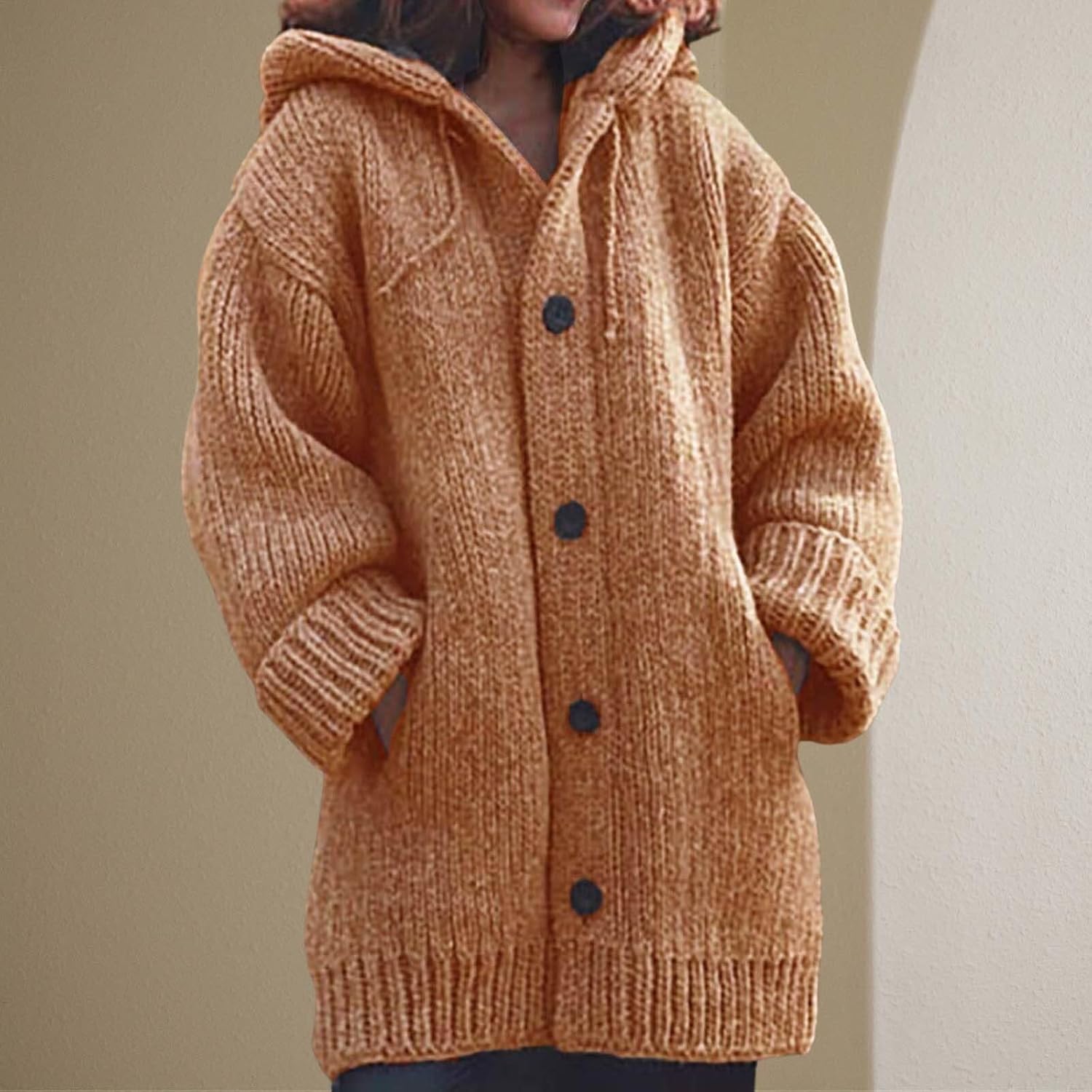 Womens Cable Knit Thick Button Hooded Cardigan Jackets Long Sleeve Chunky Fleece Winter Sweater Coats with Pockets - Image 5