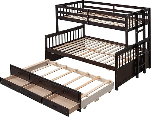 Miniatura 1 de Litera individual sobre matrimonial con nido y 3 cajones de almacenamiento marco de litera de madera maciza con escalera se puede separar en 3 camas