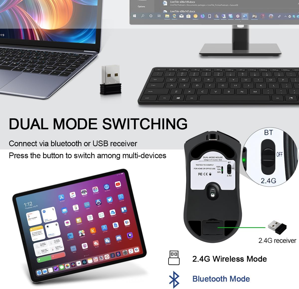 Diagram showing the dual mode switch on the bottom of the Dolrso G300 mouse, indicating 2.4G and Bluetooth modes