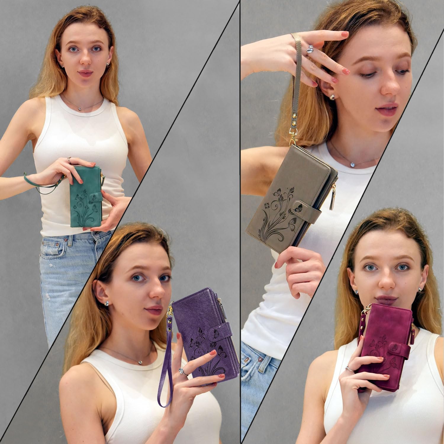 Lacass Case Wallet for Samsung Galaxy S24 FE S24FE 2024, [12 Card Slots] ID Credit Cash Holder Zipper Pocket Detachable Leather Wallet Cover with Wrist Strap Lanyard（Floral Wine Red）