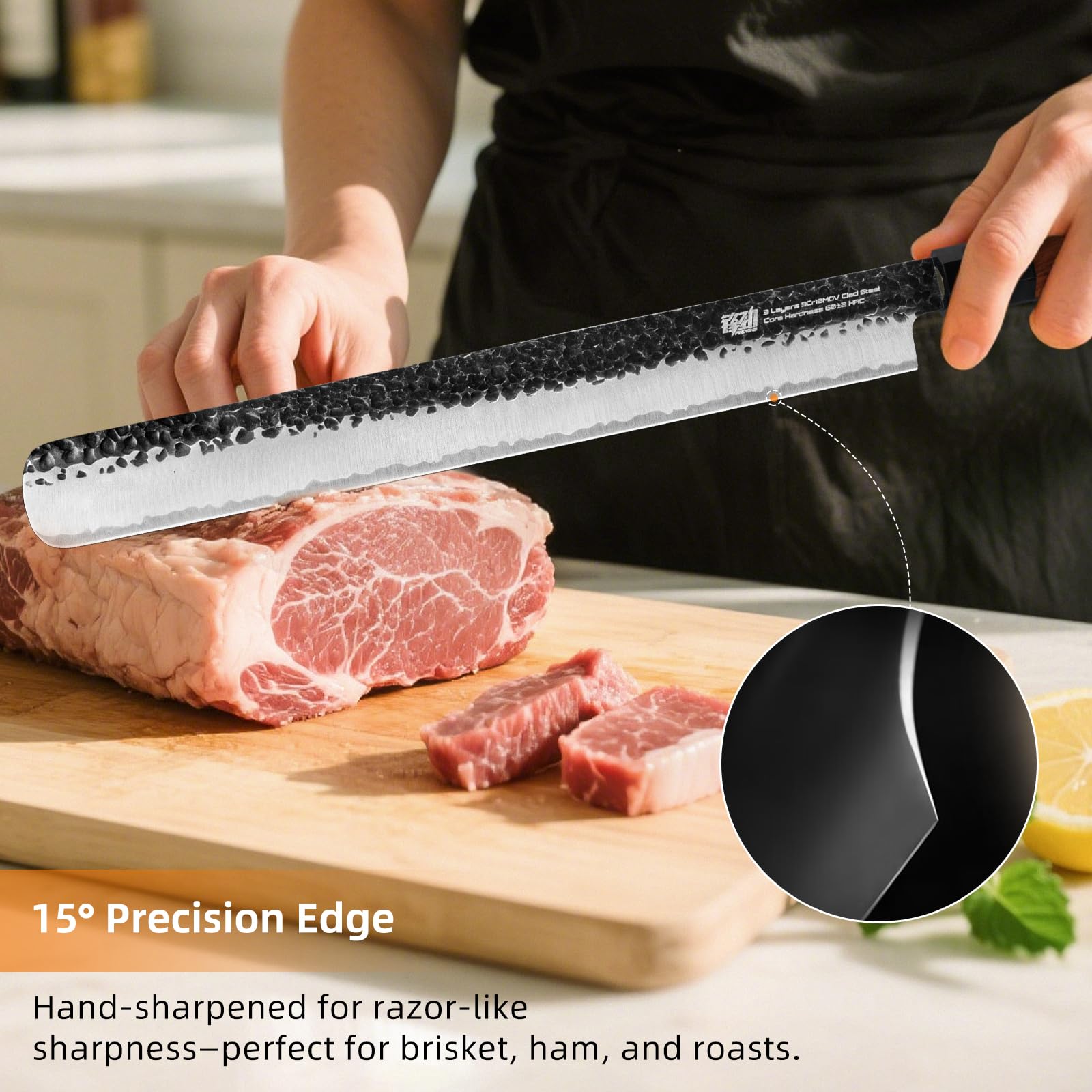 FINDKING Couteau à Jambon 12 Pouces (31 cm), Lame Tranchante en Acier Carbone 9Cr18MoV, Parfait pour la Découpe de Viande, Idéal pour le Barbecue, Série Dynasty