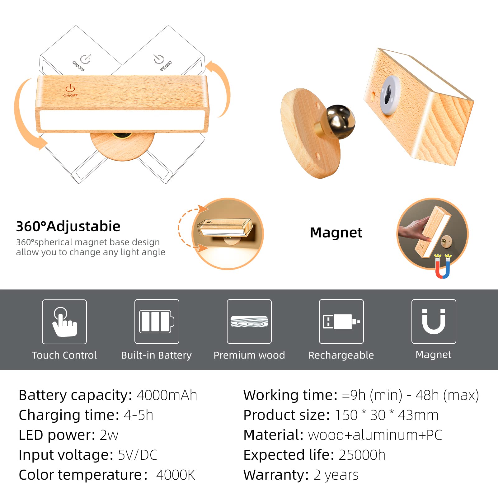 Lampe De Lecture LED Tactile Magnétique 360° – Rechargeable, Luminosité Réglable, Bois Naturel, Idéale Lit & Bureau