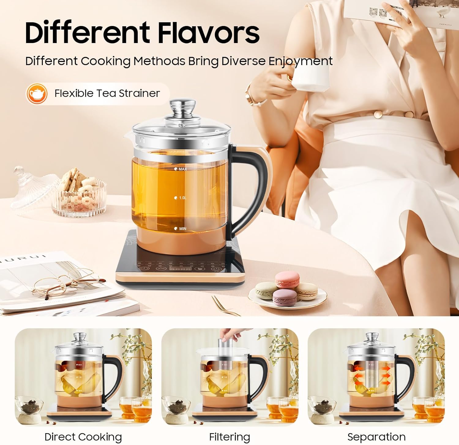 Health pot Electric Kettle with Tea Infuser, 18 Menu Smart Fruit Hot Tea Maker Steamed Eggs Glass Kettle for Fruit, Flower & Coffee 1.8L 800W