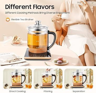 Electric Kettle with Steamed Eggs Holder, 1.8L Glass Electric Tea Kettle with Infuser for Flowers & Fruit Tea, 24h Timing, 12 Temperature Levels, Anti-Dry Burn Protection