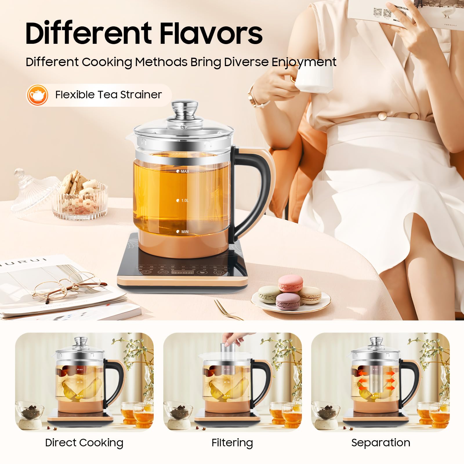 1.8L 800W Electric Glass Kettle,110V Multifunctional Health Pot with Tea Strainer and Eggs Holder, Multi Function Electric Tea Pot with 18 Cooking Menus for Coffee, Soup, Boiled Eggs