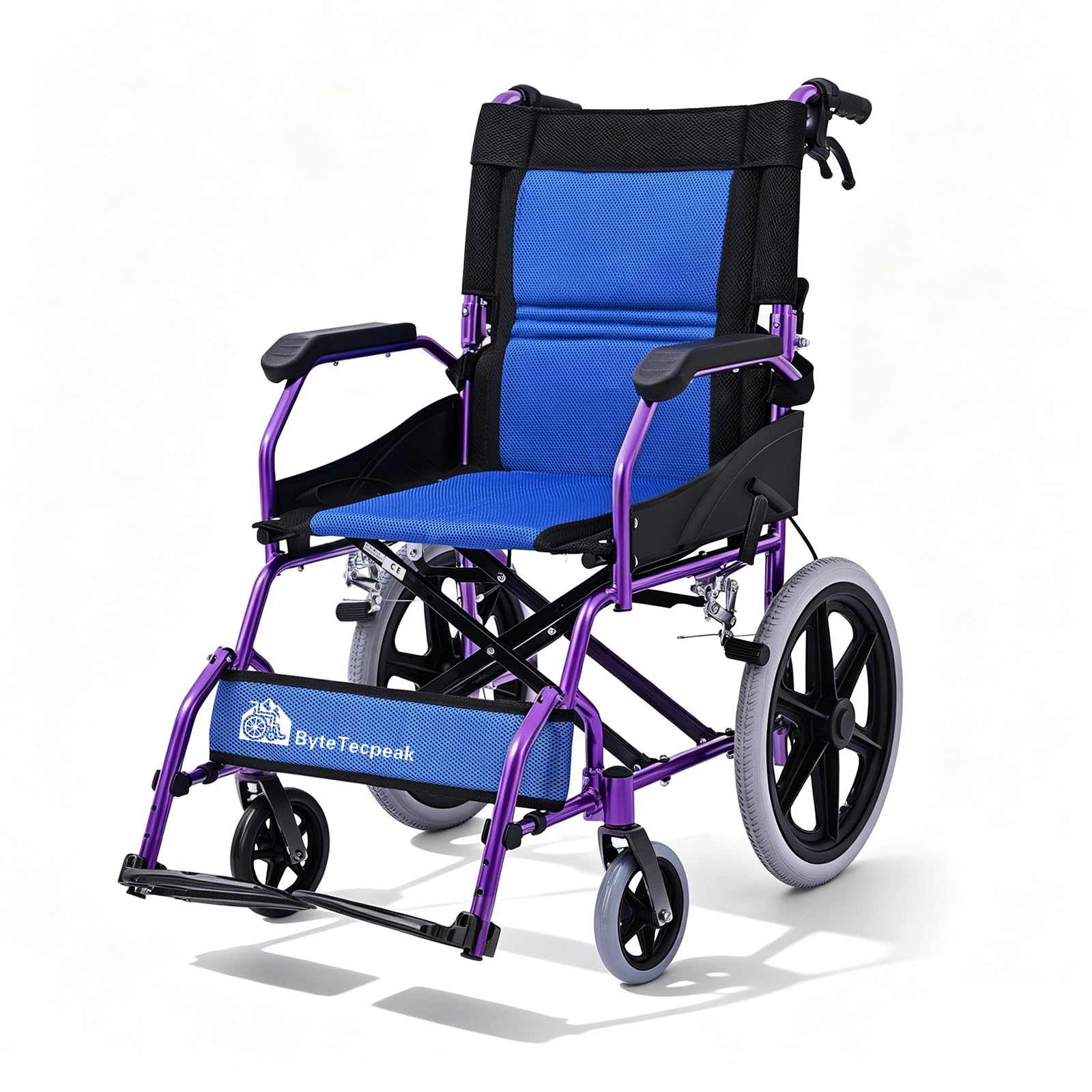 M3 Ultraleicht Rollstuhl Faltbar Leicht, Transitrollstuhl, Bremse an den Griffen Reiserollstuhl für Behinderteund Senioren, FuBstütze, Armlehnen, leicht, Sitzfläche 45 cm, Lila