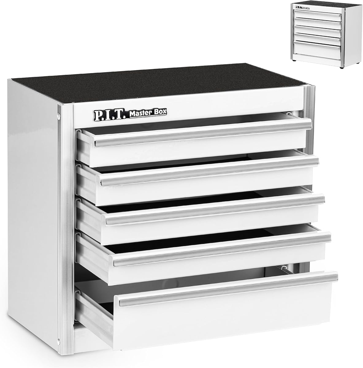 P.I.T. Mini White Tool Box, Portable 5-Drawer Micro Roll Cab Steel Stackable Tool Box with Liner, White Small Tool Case for Tools Storage and Organizers, Home DIY