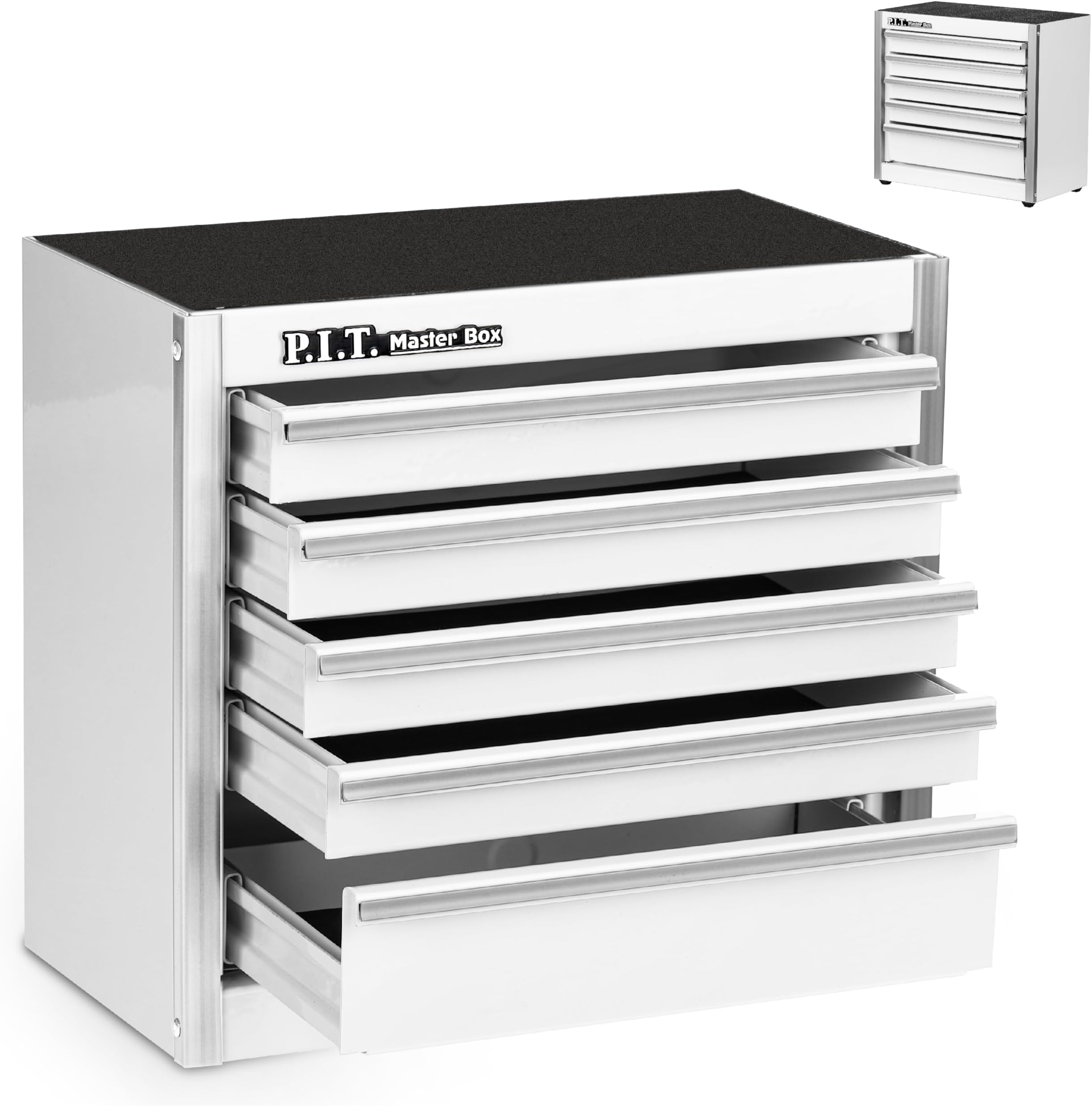 P.I.T. Mini White Tool Box, Portable 5 Drawer Micro Roll Cab Steel Stacking Tool Box with Liner, White Small Tool Case, Tool Storage and Organizer for Home DIY