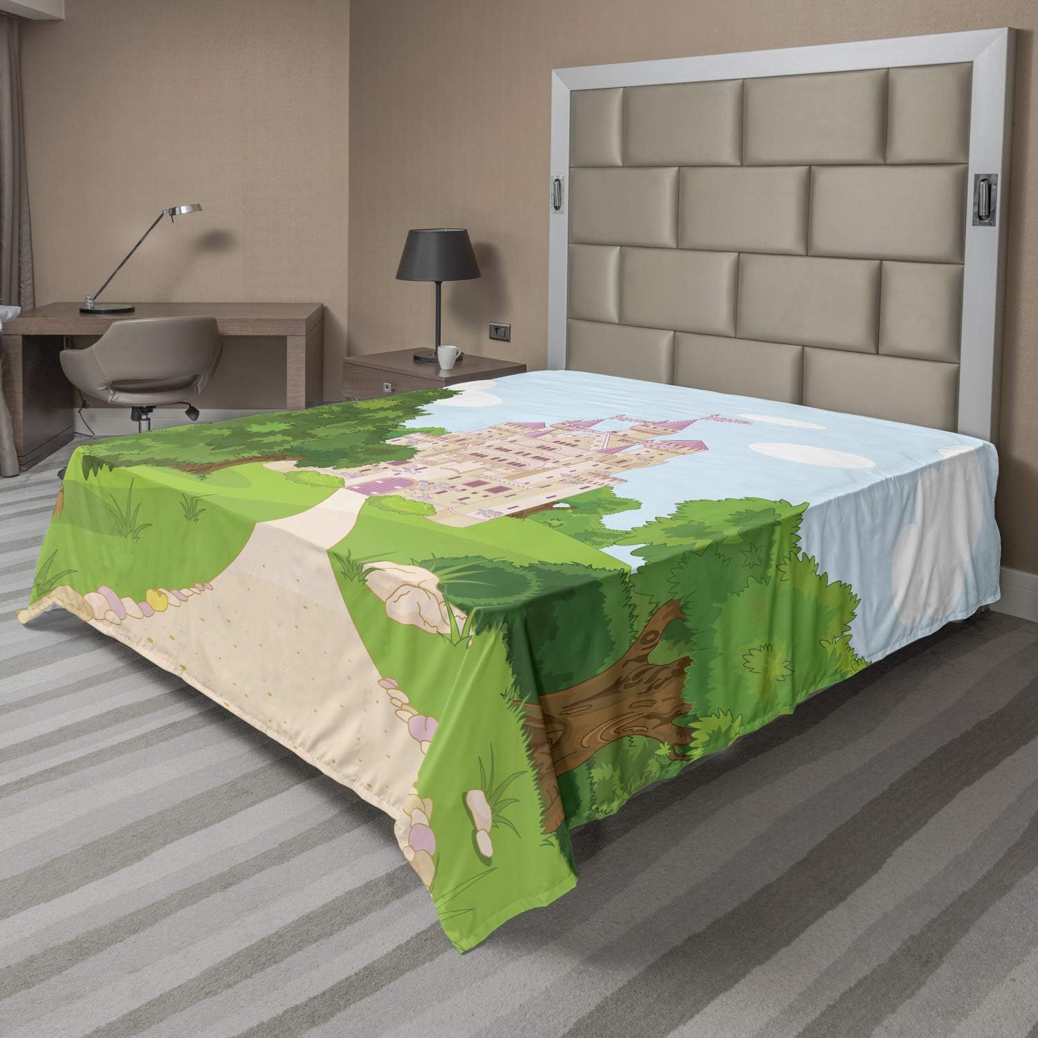 Ambesonne Cartoon Flat Sheet, Castle from Middle Ages with Pink Toned Flags and Thriving Spring Forest Cartoon, Soft and Comfortable Top Sheet Decorative Bedding 1 Piece, Full Size, Multicolor
