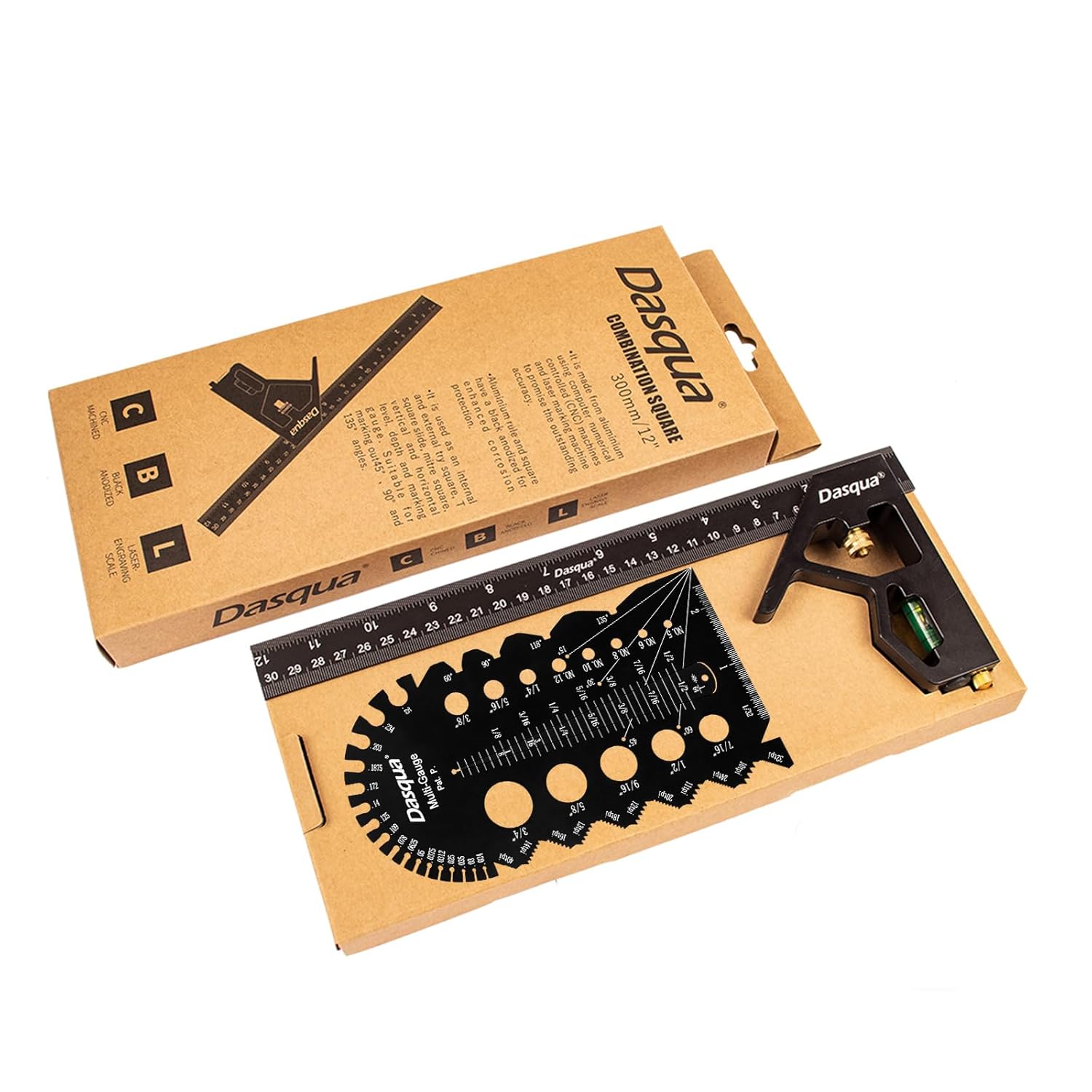 Dasqua 12 Inch Aluminum Combination Square Set - Professional Woodworking Layout Tool with 45°/90° Level & Scriber - Includes Bolt Size & Thread Checker - Carpenter Ruler & Gauge Combo